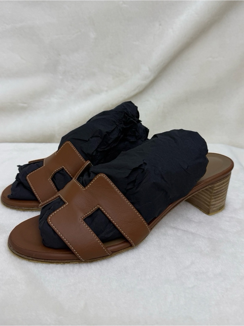 Hermes Brown Leather H Sandals with Low Stacked Heel